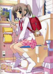 Rule 34 | 1girl, antenna hair, backpack, bag, brown hair, cellphone, cellphone charm, charm (object), digital thermometer, electric plug, electrical outlet, flower, highres, hiide, looking at viewer, mouth hold, multitasking, original, panties, panty pull, phone, plant, potted plant, randoseru, school uniform, serafuku, short hair, slippers, socks, solo, thermometer, toilet, toilet use, trash can, twintails, underwear