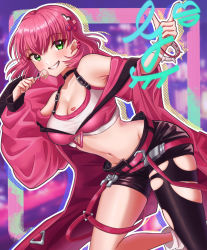 Rule 34 | 1girl, armpits, asymmetrical sleeves, bare shoulders, belt, black choker, black shorts, black thighhighs, bracelet, breasts, candy, capelet, choker, chupa chups, cleavage, coat, collarbone, commentary request, crop top, duel monster, ear piercing, evil twin ki-sikil, food, green eyes, grin, groin, hair ornament, hands up, holding, holding food, index finger raised, jewelry, ki-sikil (yu-gi-oh!), large breasts, lipstick mark, lollipop, long sleeves, looking at viewer, midriff, navel, off shoulder, official alternate costume, official alternate hair length, official alternate hairstyle, open clothes, open coat, outline, partial commentary, piercing, pink belt, pink capelet, pink hair, short hair, short shorts, shorts, sidelocks, single thighhigh, skindentation, smile, solo, spiked bracelet, spikes, standing, standing on one leg, star (symbol), star hair ornament, tank top, teeth, thighhighs, torn clothes, torn thighhighs, ushiroki, white tank top, yu-gi-oh!