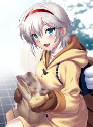 Rule 34 | 1girl, :d, anastasia (idolmaster), angel wings, aqua eyes, backpack, bag, bench, blush, brown gloves, coat, commentary request, commission, cosplay, cowboy shot, day, double-parted bangs, eyelashes, food, gloves, grey hair, hair between eyes, hairband, holding, holding food, hood, hood down, idolmaster, idolmaster cinderella girls, kanon, long sleeves, looking at viewer, mittens, on bench, open mouth, outdoors, reaching, reaching towards viewer, red hairband, short hair, sitting, skeb commission, smile, snow, solo, steam, taiyaki, tsukimiya ayu, tsukimiya ayu (cosplay), visible air, wagashi, white wings, wings, winter, yellow coat, zen (kamuro)
