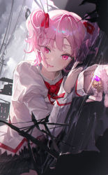 Rule 34 | 1girl, arms up, black skirt, bow, bowtie, building, cloud, cloudy sky, commentary request, crying, crying with eyes open, eyes visible through hair, gem, gold, grey skirt, grey sky, hair between eyes, hair bow, hands up, highres, jewelry, juliet sleeves, kaname madoka, leaf, long sleeves, looking at viewer, lying, mahou shoujo madoka magica, mandarin collar, miniskirt, mitakihara school uniform, on side, open mouth, outdoors, pink eyes, pink hair, plaid, plaid skirt, puffy sleeves, purple gemstone, red bow, red bowtie, school uniform, shirt, short twintails, skirt, sky, skyscraper, smile, solo, sparkle, tears, teeth, tongue, ttosom, twintails, water, white sky, window