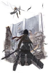 Rule 34 | 1girl, black hair, blade, building, cable, cropped legs, destruction, dual wielding, flying, from behind, giant, highres, holding, holding sword, holding weapon, house, jacket, mikasa ackerman, outdoors, rubble, scarf, sharp teeth, shingeki no kyojin, silhouette, solo focus, standing, sword, teeth, three-dimensional maneuver gear, titan (shingeki no kyojin), virus76, wall, weapon