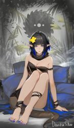 Rule 34 | 1girl, absurdres, arknights, arm strap, bandeau, bare legs, barefoot, black hair, black scarf, blue eyes, blue nails, breasts, cleavage, dankashu, eunectes (arknights), flower, hair flower, hair ornament, highres, knees up, looking at viewer, nail polish, pointy ears, scarf, short hair, solo, strapless, thighs, toenail polish, toenails, tube top, yellow flower