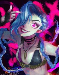 Rule 34 | 1girl, arm tattoo, black background, blue hair, braid, breasts, bullet, character name, cloud tattoo, collarbone, dated, finger gun, finger gun to head, fingerless gloves, gloves, grin, jewelry, jinx (league of legends), league of legends, long hair, looking at viewer, necklace, nuo mi zhi tuan, pink background, shiny skin, smile, solo, tattoo, teeth, translation request, twin braids, upper body, very long hair