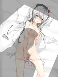Rule 34 | 10s, 1girl, absurdres, artist name, bad id, bad pixiv id, blue eyes, blush, breasts, female masturbation, gloves, unworn gloves, hat, highres, kantai collection, kashima (kancolle), khibiki (brequiem), lying, masturbation, medium breasts, nipples, nude, panties, panty pull, pillow, pussy juice, sex toy, shadow, short hair, silver hair, solo focus, tears, twintails, underwear, vibrator