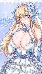 Rule 34 | 1girl, :o, bad id, bad twitter id, bare shoulders, blonde hair, blue bow, blue bowtie, blue eyes, blue ribbon, blush, bow, bowtie, breasts, bridal veil, character name, cleavage, covered erect nipples, criss-cross halter, dress, elbow gloves, finger to mouth, flying sweatdrops, gloves, hair ornament, hair ribbon, hairband, halterneck, heart, heart background, heart tattoo, highres, large breasts, lolita hairband, long hair, looking at viewer, nose blush, original, ribbon, shiny skin, sidelocks, solo, suzuneko (yume no kyoukai), sweat, tattoo, twitter username, upper body, veil, wedding dress, white dress, white gloves