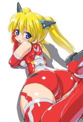 Rule 34 | 10s, 1girl, :d, ass, bad id, bad pixiv id, bare shoulders, blonde hair, blue eyes, blush, bodysuit, breasts, busou shinki, dd (ijigendd), doll joints, elbow gloves, foreshortening, from behind, gloves, hair between eyes, hair ornament, hand on own face, head rest, hip focus, joints, legs up, leotard, lirbiete, long hair, looking at viewer, looking back, lying, medium breasts, on stomach, open mouth, pantylines, red gloves, red leotard, red thighhighs, shadow, simple background, smile, solo, thighhighs, thighs, twintails, white background