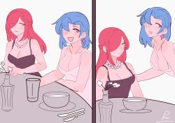 Rule 34 | 2girls, 2koma, alternate costume, bandage over one eye, blue hair, bowl, breast envy, breasts, cleavage, collarbone, comic, cup, dress, drinking glass, earrings, eyepatch, flower, hair over one eye, highres, jewelry, looking at breasts, medium breasts, meme, multiple girls, necklace, open mouth, parasoul (skullgirls), photo-referenced, pow3776, red eyes, scar, scar on face, skullgirls, smile, table, valentine (skullgirls), vase, yellow eyes