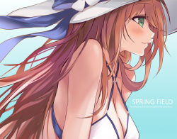 1girl aqua_background bad_id bad_pixiv_id bikini blush breasts brown_hair character_name cleavage closed_mouth female_focus from_side girls&#039;_frontline gradient_background green_eyes halterneck hat highres large_breasts long_hair o-ring o-ring_bikini official_alternate_costume profile smile solo springfield_(girls&#039;_frontline) sun_hat suru_(ksoo420) swimsuit upper_body white_bikini white_hat