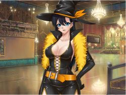 Rule 34 | 00s, 1girl, belt, black hair, blue eyes, breasts, cleavage, dress, earrings, elbow gloves, fuuma tokiko, gloves, halloween, hand on own hip, hat, jewelry, kagami hirotaka, large breasts, lilith-soft, long hair, open mouth, scarf, side slit, solo, tagme, taimanin (series), taimanin asagi, taimanin asagi kessen arena, witch, witch hat