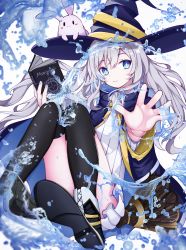 Rule 34 | 1girl, absurdres, bad id, bad pixiv id, black thighhighs, blue eyes, blurry, blurry foreground, book, bow, bowtie, closed mouth, frills, full body, hands up, hat, high collar, highres, holding, holding book, jacket, knees up, long hair, long sleeves, looking at viewer, original, pension z, pink hair, purple jacket, rabbit, sidelocks, solo, sweater, thighhighs, thighs, water, wide sleeves, witch, witch hat