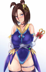Rule 34 | 1girl, absurdres, air groove (umamusume), animal ears, bare shoulders, blue eyes, blue leotard, blush, breasts, brown hair, choker, closed mouth, collarbone, covered navel, elbow gloves, gloves, gradient background, hair between eyes, hair ornament, highleg, highleg leotard, highres, horse ears, horse girl, large breasts, leotard, looking at viewer, magical girl, short hair, solo, thigh strap, thighhighs, thighs, uchida shou, umamusume, wand, white gloves