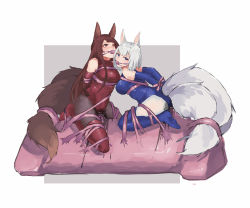 Rule 34 | 2girls, akagi (azur lane), amiba (amiba00638239), animal ears, arms behind back, azur lane, ball gag, bare shoulders, bdsm, black legwear, blue eyes, blue gloves, blue legwear, blue leotard, blush, bondage, bound, bound arms, breasts, brown hair, drooling, elbow gloves, female focus, fox ears, fox girl, fox tail, full body, gag, gagged, gloves, heart, heart-shaped pupils, highres, kaga (azur lane), leaning forward, leotard, long hair, looking to the side, looking up, medium breasts, multiple girls, multiple tails, pantyhose, pussy, pussy juice, red eyes, red gloves, red legwear, red leotard, saliva, shiny clothes, short hair, simple background, straddling, symbol-shaped pupils, tail, tears, thighhighs, torn clothes, two-tone background, uncensored, vaginal, wet, wet clothes, white background, white hair, white legwear