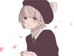 Rule 34 | 1girl, blush, brown hair, collared shirt, green eyes, hand on own hip, hat, highres, looking at viewer, maco22, original, petals, pom pom (clothes), shirt, short hair, smile, solo, upper body