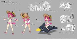 Rule 34 | 1boy, 3girls, ass, back, bikini, bikini skirt, character sheet, concept art, copyright name, copyright notice, demon girl, demon horns, demon tail, demon wings, desco (disgaea), disgaea, disgaea rpg, fang, full body, grey background, hair ornament, hairclip, hat, horns, inflatable toy, kazamatsuri fuuka, kneepits, mao (disgaea), multiple girls, multiple views, navel, official art, open mouth, outstretched arms, photoshop (medium), pink eyes, pink hair, pointy ears, prinny, raspberyl, riding, sandals, short hair, simple background, solo focus, spread arms, standing, straw hat, sun hat, swimsuit, tail, text focus, turnaround, wings, wrist cuffs