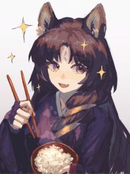 Rule 34 | 1girl, :d, absurdres, arknights, black hair, bowl, chopsticks, commentary request, dafeiwurenkundexiangsi, fang, fingerless gloves, gloves, gradient background, grey background, highres, holding, holding bowl, holding chopsticks, jacket, long hair, long sleeves, looking at viewer, open mouth, purple gloves, purple jacket, rice bowl, saga (arknights), smile, solo, sparkle, upper body, yellow eyes