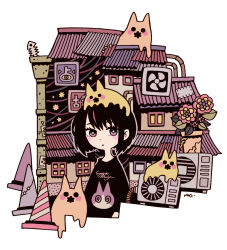 Rule 34 | 1girl, black hair, building, crack, fish skeleton, flat color, flower, garouma, grey outline, highres, leaf, multicolored eyes, multicolored hair, original, pink flower, pink hair, plant, plant roots, potted plant, print shirt, shirt, short hair, streaked hair, traffic cone, white background