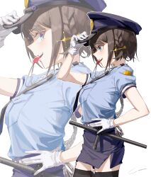Rule 34 | 1girl, absurdres, alternate costume, baton (weapon), belt, black thighhighs, blue eyes, blue hat, blue shirt, blue skirt, braid, breast pocket, breasts, brown hair, collared shirt, colored skin, cowboy shot, cuffs, facing to the side, garter straps, gloves, hair ornament, hairpin, hand on headwear, hand on own hip, handcuffs, hat, headwear request, highres, hololive, lanyard, lapels, looking at viewer, looking to the side, medium breasts, miniskirt, necktie, oozora subaru, pencil skirt, pocket, police, police hat, police uniform, policewoman, shirt, short hair, short sleeves, signature, skirt, smile, solo, thighhighs, uniform, virtual youtuber, weapon, whistle, white background, white gloves, white skin, yo na, zettai ryouiki, zoom layer