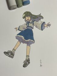 Rule 34 | 1girl, :d, art tools in frame, blue skirt, blush, collared shirt, detached sleeves, frilled skirt, frills, frog hair ornament, full body, green eyes, green footwear, green hair, hair ornament, highres, kochiya sanae, long hair, looking down, marker, marker (medium), open mouth, outstretched arms, photo (medium), shiratama (hockey), shirt, shoes, signature, single sidelock, skirt, sleeveless, sleeveless shirt, smile, snake hair ornament, sneakers, socks, solo, spread arms, touhou, traditional media, white background, white shirt, white sleeves, white socks