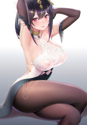 Rule 34 | 1girl, absurdres, armpits, arms behind head, arms up, azur lane, backless dress, backless outfit, black hair, breasts, brown gloves, brown pantyhose, chen hai (azur lane), chen hai (cerulean ripples) (azur lane), circlet, cleavage, covered erect nipples, crossed legs, dress, elbow gloves, feet out of frame, gloves, gradient background, highres, jewelry, large breasts, long hair, looking at viewer, neck ring, nipples, official alternate costume, pantyhose, parted lips, red eyes, revealing clothes, see-through, shuumatsu no uchuu, sidelocks, solo