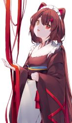 Rule 34 | 1girl, animal ears, apron, brown hair, brown kimono, dog ears, dog hair ornament, hair ornament, heterochromia, highres, holding, holding ribbon, inui toko, japanese clothes, kimono, long hair, long sleeves, looking at viewer, maid, maid headdress, nijisanji, red eyes, red ribbon, ribbon, simple background, solo, sukuna136, twintails, very long hair, virtual youtuber, wa maid, white apron, white background, yellow eyes
