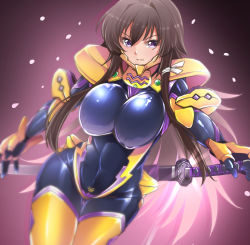 Rule 34 | 1girl, absurdres, black bodysuit, bodysuit, breasts, brown hair, covered navel, highres, holding, holding sword, holding weapon, impossible bodysuit, impossible clothes, katana, large breasts, long hair, looking at viewer, muv-luv, muv-luv alternative, muv-luv total eclipse, pilot suit, purple eyes, shiny clothes, shiny skin, sidelocks, skin tight, solo, sword, takamura yui, weapon, yunodon (sugar maple)
