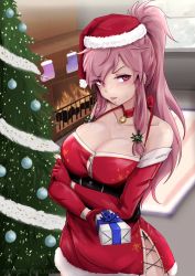 Rule 34 | 1girl, bare shoulders, bell, blush, breasts, button gap, chest belt, christmas lights, christmas ornaments, christmas stocking, christmas tree, cleavage, condensation, cross-laced slit, crossed arms, detached sleeves, dress, elbow gloves, fire, fire emblem, fire emblem: the sacred stones, fireplace, gift, gloves, hair ornament, hair tie, hat, highres, large breasts, long hair, looking at viewer, marisa (fire emblem), neck bell, nintendo, pink hair, ponytail, pout, purple eyes, santa dress, santa hat, short dress, skindentation, snowflake print, snowing, solo, sweatdrop, upper body, vialnite, window fog