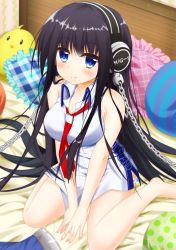 Rule 34 | 1girl, absurdres, artist request, azur lane, bare shoulders, bed, black hair, blue eyes, blush, breasts, chain, headphones, highres, long hair, long island (azur lane), looking at viewer, medium breasts, necktie, pillow, shirt, sitting, sleeveless, sleeveless shirt, smile, solo, stuffed animal, stuffed toy, wariza
