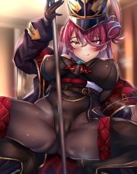 Rule 34 | 1girl, :q, ass, belt, black gloves, blush, boots, breasts, cameltoe, coat, covered erect nipples, gloves, hair between eyes, hair bun, hat, heterochromia, highres, hololive, houshou marine, houshou marine (marching band), leotard, long hair, pole dancing, purple hair, red eyes, shiki (catbox230123), single hair bun, smile, solo, spread legs, squatting, thigh boots, tongue, tongue out, virtual youtuber, yellow eyes