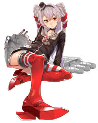 Rule 34 | + +, 10s, 1girl, amatsukaze (kancolle), arm support, black panties, brown neckerchief, buttons, cannon, choker, collarbone, dress, foreshortening, full body, garter straps, gloves, grey hair, hair between eyes, hair tubes, hairband, hat, headgear, high heels, highres, kantai collection, laio, long hair, long sleeves, looking at viewer, machinery, mini hat, neckerchief, panties, pantyshot, red footwear, red thighhighs, rensouhou-kun, sailor dress, see-through, shoe soles, shoes, simple background, single glove, sitting, solo, striped clothes, striped thighhighs, symbol-shaped pupils, thighhighs, thighs, torpedo, two side up, underwear, very long hair, white background, white gloves, yellow eyes