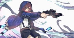 Rule 34 | 1girl, arknights, black shorts, blue eyes, blue jacket, blue poison (arknights), blue poison (elite ii) (arknights), commentary request, fixro2n, glowing, gun, highres, holding, holding gun, holding weapon, hood, hood up, hooded jacket, jacket, long hair, looking away, open clothes, open jacket, outstretched arms, pink hair, shirt, short shorts, shorts, solo, suspender shorts, suspenders, two-handed, weapon, weapon request, white background, white shirt