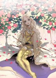 Rule 34 | 1girl, amano yoshitaka (style), blonde hair, blue eyes, cape, celes chere, detached sleeves, final fantasy, final fantasy vi, flower, highres, long hair, oju (ouka), rose, sword, thighhighs, wavy hair, weapon, white cape, yellow thighhighs
