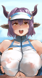 Rule 34 | 1boy, 1girl, :d, absurdres, animal ears, arknights, bare shoulders, bikini, blue sky, blush, breasts, breasts squeezed together, brown eyes, collarbone, covered erect nipples, cow ears, cow girl, cow horns, day, eyebrows hidden by hair, hetero, highres, horns, huge breasts, large breasts, looking at viewer, nipples, official alternate costume, open mouth, outdoors, oza osuwari, paizuri, paizuri under clothes, purple hair, see-through, short hair, sideroca (arknights), sideroca (light breeze) (arknights), signature, sky, smile, solo focus, sweat, swimsuit, uncensored, upper body, white bikini