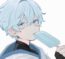 Rule 34 | 1boy, black gloves, blue eyes, blue hair, chongyun (genshin impact), eating, fingerless gloves, food, genshin impact, gloves, hair between eyes, highres, hnnoo, holding, holding food, holding popsicle, licking, light blue hair, looking at viewer, male focus, popsicle, portrait, short hair, simple background, solo, tongue, white background
