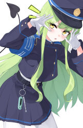 Rule 34 | 1girl, absurdres, black hat, black jacket, black skirt, black tail, blue archive, blush, cowboy shot, demon tail, gloves, green hair, hat, highres, hikari (blue archive), isocha, jacket, long hair, long sleeves, open mouth, pantyhose, peaked cap, pleated skirt, pointy ears, simple background, skirt, solo, tail, white background, white gloves, white pantyhose, yellow eyes