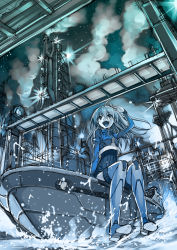 Rule 34 | 1girl, :d, arm up, blue eyes, boat, boots, female focus, gaou (umaiyo puyoman), grey hair, highres, jacket, long hair, night, night sky, open mouth, outdoors, sky, smile, smoke, solo, star (sky), thigh boots, thighhighs, tokuyama kyoutei, water, watercraft