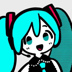 Rule 34 | 1girl, ben-day dots, blue eyes, blue hair, blue necktie, blush, collared shirt, flat color, hair ornament, hatsune miku, headset, inemuri (jdq5e), limited palette, long hair, looking at viewer, necktie, open mouth, portrait, raised eyebrows, screentones, shirt, simple background, sleeveless, sleeveless shirt, smile, solo, thick outlines, twintails, vocaloid, white background