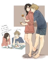 Rule 34 | !, 1boy, 1girl, ahoge, alternate costume, black hair, blonde hair, blue eyes, blue shirt, breakfast, brown background, brown hair, cloud strife, commentary, cup, eating, english commentary, english text, final fantasy, final fantasy vii, food, from side, grey footwear, highres, holding, holding phone, hood, hood down, hoodie, long hair, maiii (smaii i), open mouth, phone, red eyes, red hoodie, shirt, short hair, shorts, spiked hair, spoken squiggle, squiggle, tifa lockhart, white background