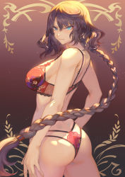 Rule 34 | 1girl, ass, bare arms, bare shoulders, blue eyes, bra, braid, braided ponytail, brown hair, closed mouth, commentary, fate/grand order, fate (series), from behind, hephaestion (fate), highres, lingerie, long hair, looking at viewer, looking back, lord el-melloi ii case files, mashuu (neko no oyashiro), panties, red bra, red panties, smile, solo, underwear
