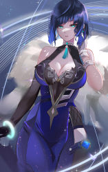 Rule 34 | 1girl, absurdres, asymmetrical gloves, blue hair, bob cut, breasts, diagonal bangs, dice, elbow gloves, feather-trimmed jacket, feather collar, fur-trimmed jacket, fur trim, genshin impact, gloves, green eyes, highres, jacket, jacket on shoulders, jewelry, large breasts, looking at viewer, meowrim, mismatched gloves, mole, mole on breast, neck ring, pants, short hair, single elbow glove, solo, tassel, tassel choker, tight clothes, tight pants, vision (genshin impact), waist cutout, white jacket, yelan (genshin impact)
