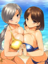 Rule 34 | 10s, 2girls, aaru (tenrake chaya), blush, breast press, breasts, brown eyes, brown hair, chitose (kancolle), chiyoda (kancolle), cleavage, grey hair, holding hands, heart, heart-shaped pupils, highres, huge breasts, kantai collection, large breasts, long hair, looking at viewer, multiple girls, navel, open mouth, ponytail, short hair, grey eyes, smile, sweat, symbol-shaped pupils, symmetrical docking