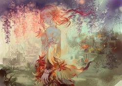 Rule 34 | 1girl, afra, bare shoulders, colorful, corsage, detached sleeves, flower, garden, grass, looking at viewer, looking back, original, pink eyes, pink hair, pixiv fantasia, pixiv fantasia t, plant, potted plant, scenery, solo, tree, wind