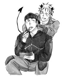 Rule 34 | 2boys, aikawa (dorohedoro), arm on another&#039;s shoulder, artist request, blush, colored tips, couple, cropped legs, demon tail, dorohedoro, eating, facial mark, greyscale, grin, highres, male focus, monochrome, multicolored hair, multiple boys, no eyebrows, smile, tail, tatatasoma, thick eyebrows, yaoi