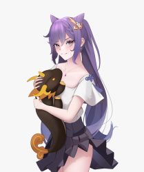 Rule 34 | 1girl, blush, chinese knot, clothes lift, collarbone, earrings, genshin impact, hair ornament, highres, hyafumi, jewelry, keqing (genshin impact), long hair, looking at viewer, necklace, purple eyes, purple hair, simple background, skirt, skirt lift, solo, stuffed animal, stuffed toy, sweatdrop, white background
