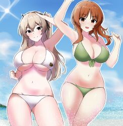 Rule 34 | aged up, alternate hair length, alternate hairstyle, amogan, arm up, armpits, beach, bear girl, bikini, black ribbon, blue sky, boko (girls und panzer), breasts, brown eyes, brown hair, cleavage, clenched hand, cloud, cloudy sky, commentary, day, front-tie bikini top, front-tie top, girls und panzer, green bikini, groin, hair ribbon, halterneck, highres, horizon, large breasts, light blush, light brown hair, long hair, looking at viewer, medium hair, navel, nishizumi miho, ocean, one side up, open mouth, outdoors, outline, ribbon, salute, shimada arisu, short hair, side-by-side, sky, smile, standing, sun, swimsuit, white bikini, white outline