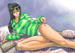 Rule 34 | 1girl, barefoot, bed, black-framed eyewear, black hair, blush, book, breasts, collarbone, female focus, glasses, green shirt, green sweater, large breasts, long hair, long legs, long sleeves, looking at viewer, lying, nico robin, no pants, on bed, on side, one piece, one piece: strong world, open book, panties, pikohan, pillow, ponytail, shirt, side-tie panties, solo, striped clothes, striped sweater, sweater, underwear