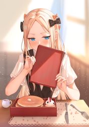 Rule 34 | 1girl, abigail williams (fate), alternate costume, black bow, black vest, blonde hair, blue eyes, blurry, blurry background, blush, bow, breasts, commentary request, covered mouth, depth of field, fate/grand order, fate (series), food, forehead, fork, hair bow, half-closed eyes, highres, holding, indoors, knife, long hair, menu, multiple hair bows, orange bow, pancake, pancake stack, parted bangs, polka dot, polka dot bow, shirt, short sleeves, sitting, small breasts, solo, table, very long hair, vest, white shirt, yukiyama momo