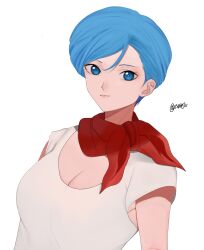 Rule 34 | 1girl, absurdres, bandana, blue eyes, blue hair, breasts, bulma, cleavage, dragon ball, dragon ball super, highres, large breasts, light smile, red bandana, resolution mismatch, self-upload, shirt, solo, source smaller, white shirt