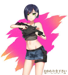 Rule 34 | 10s, 1girl, artist name, asymmetrical hair, bare shoulders, belt, blue eyes, collarbone, commentary, cowboy shot, cowfee, darling in the franxx, english commentary, green eyes, groin, gun, hair ornament, hairclip, highres, holding, holding gun, holding weapon, holster, ichigo (darling in the franxx), kriss vector, looking at viewer, midriff, navel, short hair, short shorts, shorts, simple background, solo, submachine gun, thigh holster, watermark, weapon
