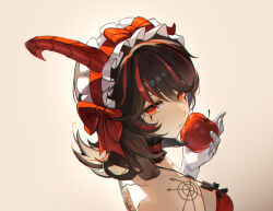 Rule 34 | 1girl, apple, arm tattoo, ash-c, back tattoo, black hair, breasts, chinese commentary, commentary, demon horns, detached collar, dress, elbow gloves, facial tattoo, food, frilled dress, frills, fruit, gloves, hair between eyes, highres, holding, holding food, holding fruit, horns, long hair, lucia: plume (punishing: gray raven), lucia (punishing: gray raven), maid headdress, medium breasts, multicolored hair, official alternate costume, parted bangs, punishing: gray raven, red dress, red eyes, red hair, red horns, red ribbon, ribbon, sidelocks, single horn, streaked hair, tattoo, upper body, white gloves, wings