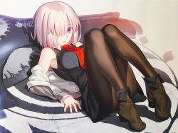 Rule 34 | 1girl, ass, bare shoulders, black pantyhose, boots, breasts, fate/grand order, fate (series), full body, glasses, hair over one eye, highres, jacket, knees together feet apart, looking at viewer, lying, mash kyrielight, medium breasts, necktie, on back, pantyhose, parted lips, purple eyes, purple hair, shield, short hair, sleeveless, solo, takeuchi takashi